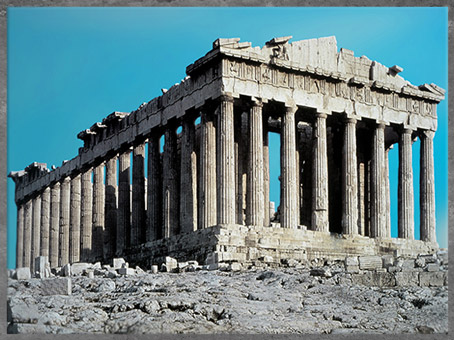 D'après le Parthénon, temple dédié à la déesse Athéna, élevé au Ve siècle avjc, premier classicisme, Grèce antique. (Marsailly/Blogostelle)