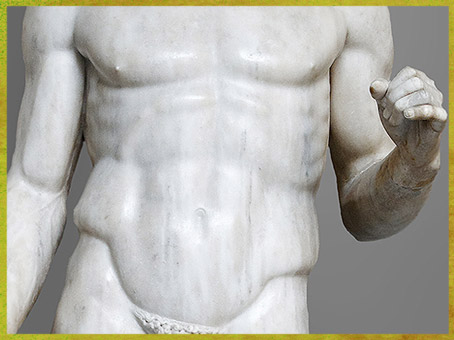 D’après Le Doryphore (Porteur de lance), copie romaine en marbre (Ier -IIIe siècle), de l’original grec en bronze de Polyclète, vers 440 avjc, premier classicisme, Grèce antique. (Marsailly/Blogostelle)