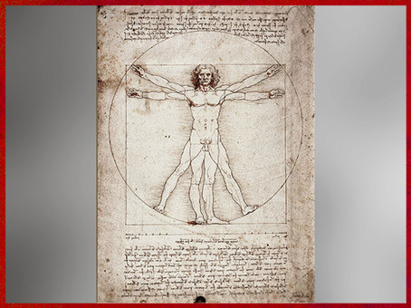 D'après Étude de proportions du corps humain selon Vitruve, de Léonard de Vinci, 1490, plume, XVe siècle, Gallerie dell'Accademia, Venise, Renaissance italienne. (Marsailly/Blogostelle)