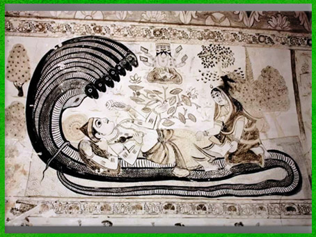 D'après Vishnu reposant sur Ananta, le lotus et Brahma, fresque, début XVIIe siècle, palais du Raja Bir Singh Dev, Orchha, Madhya Pradesh, Inde ancienne. (Marsailly/Blogostelle)