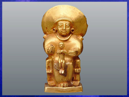 D'après la déesse Arinna, divinité solaire hittite, pendentif, or coulé-cire perdue, XIVe-XIIIe siècle avjc, Empire Hittite, Anatolie, Orient ancien. (Marsailly/Blogostelle)