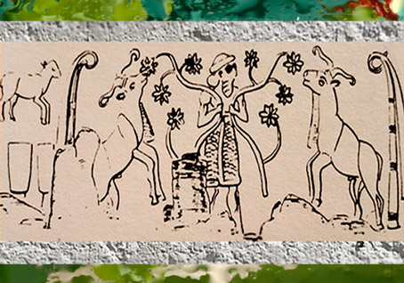 D’après une scène rituelle, roi-prêtre, végétation et troupeau sacré d’Inanna, empreinte de sceau-cylindre, Uruk, vers 3000 ans avjc, époque de Djemdet-Nasr, Mésopotamie. (Marsailly/Blogostelle)