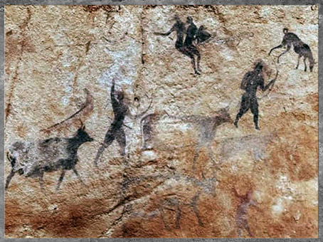 D’après des scènes agraires, peinture rupestre, Ve-lVe millénaire avjc, montagnes du tassili des Ajjer, Sahara algérien, néolithique. (Marsailly/Blogostelle)