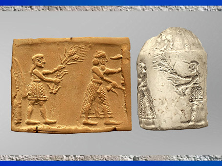 D’après une scène rituelle, le roi apporte des épis le troupeau sacré d’Inanna, sceau-cylindre et empreinte, période d'Uruk, vers 3200 avjc, Mésopotamie. (Marsailly/Blogostelle)