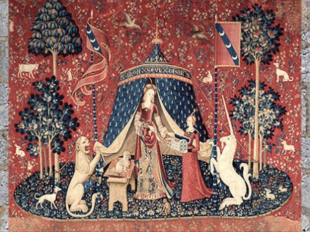 D'après la Dame à la Licorne et sa tente À Mon Seul Désir, vers 1500, France, art médiéval. (Marsailly/Blogostelle)
