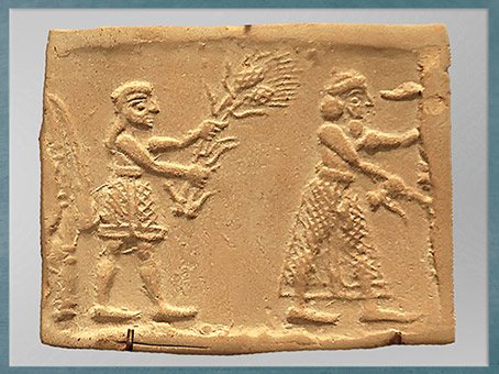 D’après une scène rituelle, le roi apporte des épis au troupeau sacré d’Inanna, empreinte de sceau-cylindre, période d'Uruk, vers 3200 avjc, Mésopotamie. (Marsailly/Blogostelle)