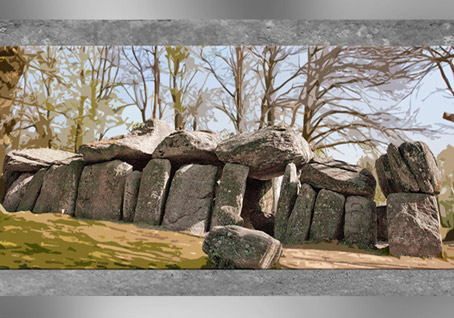 D'après le dolmen de la Roche-aux-Fée, allée couverte, vers 2000 avjc, Essé, Bretagne, mégalithes, France, néolithique. (Marsailly/Blogostelle)