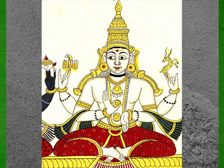 D’après le dieu Shiva marqué au cou, détail, Trimurti, 1780-1785, illustration du Bhagavata Purana, XVIIIe siècle, Tamil Nadu-Karnataka. (Marsailly/Blogostelle)