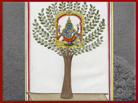 D’après l'arbre sacré Kalpavriksha, et statue de procession (utsavamurti), image mobile de Vishnu, par le peintre brahmane Svami, 1780, gouache aquarellée, Madras, XVIIIe siècle, Tamil Nadu, Inde du Sud. (Marsailly/Blogostelle)