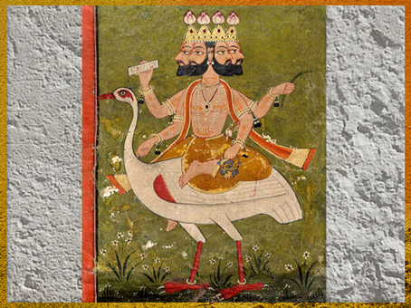 D’après Brahmâ sur sa monture hamsa, oie sauvage, aquarelle, Pahari, vers 1700, probablement Nurpur, Punjab Hills, Inde du Nord. (Marsailly/Blogostelle)