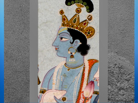 D’après Vishnu et son joyau divin, détail, miniature Pahari, école Kangra, début XIXe siècle, Himachal Pradesh, Inde du Nord. (Marsailly/Blogostelle)