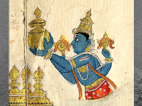 D’après Dhanvantari et sa coupe d’amrita, détail, Barattage de la Mer de lait, vers 1820, gouache sur papier, XIXe siècle, Inde du Sud. (Marsailly/Blogostelle) 