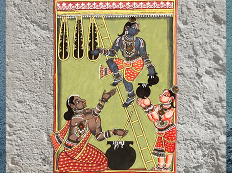 D’après Krishna et son frère Balarama dérobant du beurre sous les yeux de Yashoda, miniature, 1720-1730, Andhra Pradesh, XVIIIe siècle, Inde du Sud. (Marsailly/Blogostelle)
