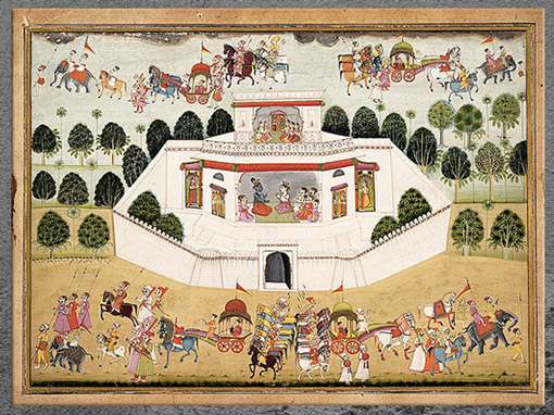 D’après Krishna et Balarama dans un palais fortifié, encre et aquarelle, vers 1700, folio d’un Bhagavata Purana dispersé, « Histoires anciennes du Seigneur Vishnu », Rajasthan, Inde ancienne. (Marsailly/Blogostelle)