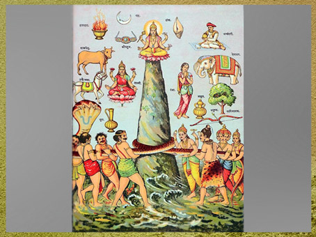 D’après le Barattage de la Mer de Lait et ses créations, lithographie, peintre Raja Ravi Varma, ex-Travancore, Tamil Nadu, XIXe siècle, Inde du Sud. (Marsailly/Blogostelle)