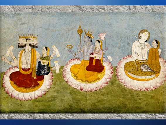 D’après la Trimurti hindoue, Brahmâ, Shiva et Vishnu, ici avec leurs épouses, Sarasvatî, Lakshmî et Paravatî, 1770, artistes locaux, Guler, Himachal Pradesh, XVIIIe siècle, Inde ancienne. (Marsailly/Blogostelle) 