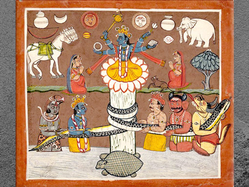 D’après le Barattage de la Mer de Lait, encre et aquarelle sur papier, 1780 -1790, Punjab Hill, Mandi, XVIIIe siècle, Himachal Pradesh, Inde ancienne. (Marsailly/Blogostelle)