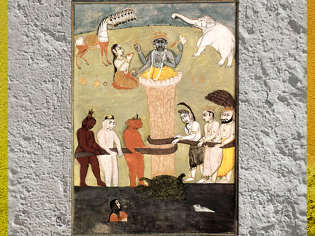 D’après Le Barattage de la Mer de Lait et Vishnu-tortue, miniature hindoue, gouache sur papier, Rajasthan, XVIIIe siècle. (Marsailly/Blogostelle)