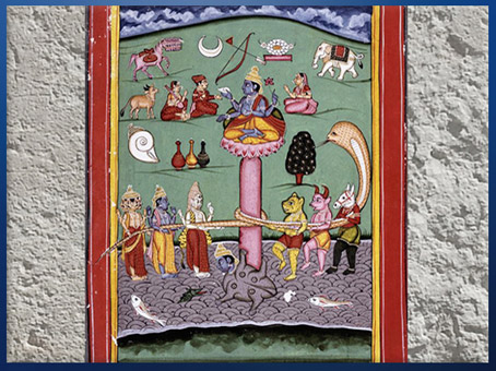 D’après Le Barattage de la Mer de Lait, Vishnu-tortue supportant le mont Mandara, peinture sur papier, 1800, Maharashtra, Inde ancienne. (Marsailly/Blogostelle)  