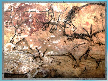 D'après une scène de chasse, bisons piqués de flèches grotte de Niaux, vers 14 000 -12000 avjc, Magdalénien, Ariège, France, paléolithique supérieur. (Marsailly/Blogostelle)