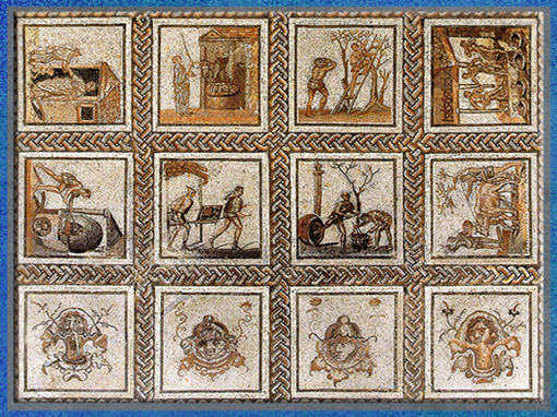 D'après la mosaïque de Saint-Romain-en-Gal, scènes et décors, début IIIe siècle, Vienne, Rhône, France, Gaule Romaine. (Marsailly/Blogostelle)