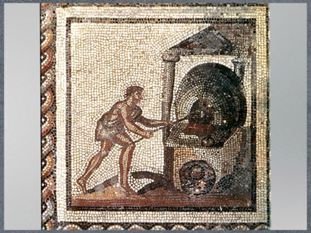 D'après le Four à pain, mosaïque Saint-Romain-en-Gal, début IIIe siècle, Vienne, Rhône, France, Gaule Romaine. (Marsailly/Blogostelle)