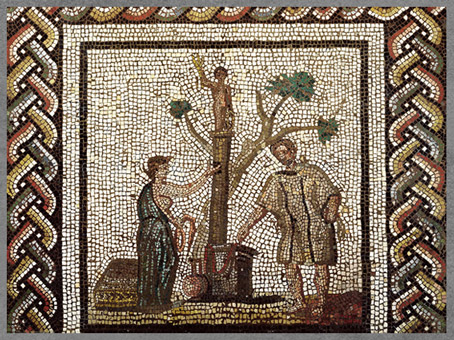 D'après Le sacrifice au dieu gaulois Taranis, mosaïque de Saint-Romain-en-Gal, début IIIe siècle, Vienne, Rhône, France, Gaule Romaine. (Marsailly/Blogostelle)