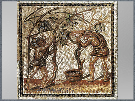 D'après les vendanges, mosaïque de Saint-Romain-en-Gal, début IIIe siècle, Vienne, Rhône, France, Gaule Romaine. (Marsailly/Blogostelle)