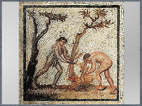 D'après la confection des fagots, mosaïque de Saint-Romain-en-Gal, début IIIe siècle, Vienne, Rhône, France, Gaule Romaine. (Marsailly/Blogostelle)