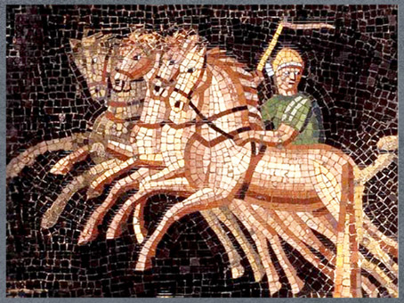 D’après la course de chars, détail, mosaïque, IIe siècle, cité antique de Lugdunum, Lyon, Rhône-Alpes, France, Gaule Romaine. (Marsailly/Blogostelle)