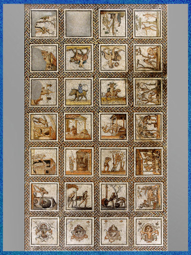 D'après Le Calendrier rustique de Saint-Romain-en-Gal, mosaïque, opus sectile et tessellatum, début IIIe siècle, Vienne, Rhône, France, Gaule Romaine. (Marsailly/Blogostelle)