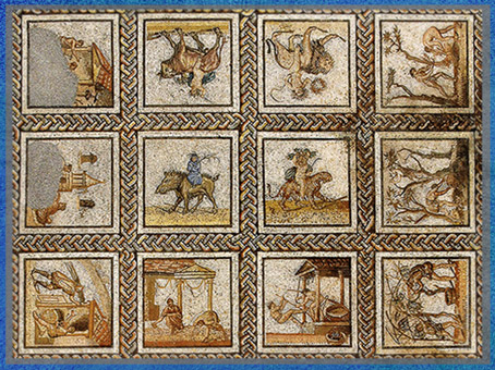 D'après le Calendrier rustique de Saint-Romain-en-Gal, mosaïque, début IIIe siècle, Vienne, Rhône, France, Gaule Romaine. (Marsailly/Blogostelle)