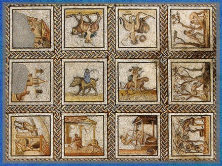 D'après le Calendrier rustique de Saint-Romain-en-Gal, mosaïque, début IIIe siècle, Vienne, Rhône, France, Gaule Romaine. (Marsailly/Blogostelle)