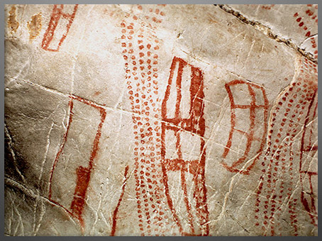 D’après des graphismes, peintures rupestres, grotte d'El Castillo, 40 800 avjc, Puente Viesgo, Espagne, paléolithique supérieur. (Marsailly/Blogostelle)