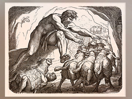 D'après Ulysse s'enfuyant de la grotte du cyclope Polyphème, mythologie grecque, L'Odyssée d'Homère, gravure, 1880. (Marsailly/Blogostelle)