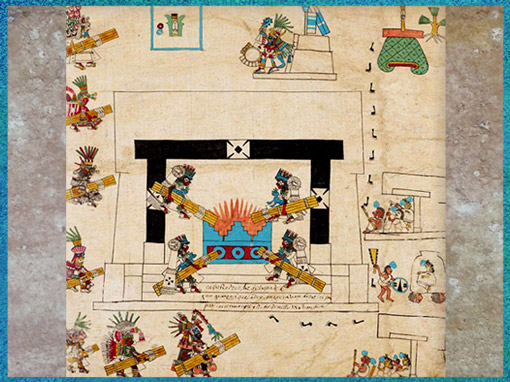 D’après la fête du Feu Nouveau et Panquetzaliztli (érection des bannières), codex Borbonicus, calendrier et cycles temporels, fin XVe-début XVIe siècle, civilisation aztèque.  (Marsailly/Blogostelle)