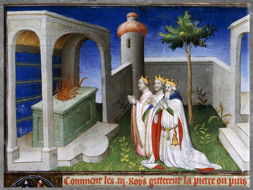 D’après Les Rois Mages adorant le feu divin, Marco Polo, Le Devisement du monde ou Livre des Merveilles, 1299, manuscrit enluminé, Maître de la Mazarine et collaborateurs, 1410-1412, Paris. (Marsailly/Blogostelle)