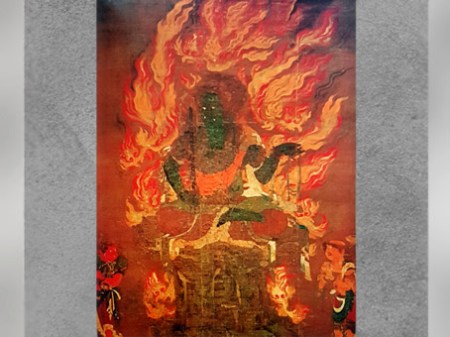 D’après Fudō Myōō - Acala et deux parèdres, peinture sur soie dite Le Fudo bleu,  XIe siècle, époque de Heian, temple bouddhiste Shoren-in, Tokyo, Japon ancien. (Marsailly/Blogostelle)