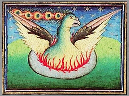 D’après le phénix renaissant de ses cendres, bestiaire, vers 1450, France, art médiéval. (Marsailly/Blogostelle)  