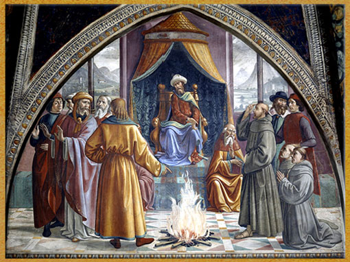 D’après L’épreuve du feu, saint François d’Assise devant le sultan, Domenico Ghirlandaio, 1483-1485, fresque, chapelle Sassetti, basilique Santa Trinita, Florence, XVe siècle, Renaissance italienne. (Marsailly/Blogostelle) 