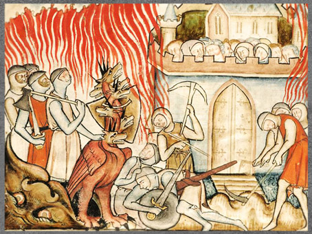 D'après le feu de la Bête à sept têtes, miniature, L'Apocalypse de Namur, 1320-1330, manuscrit enluminé, XIVe siècle, Belgique, art médiéval. (Marsailly/Blogostelle)