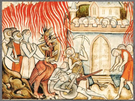 D'après le feu de la Bête à sept têtes, miniature, L'Apocalypse de Namur, 1320-1330, manuscrit enluminé, XIVe siècle, Belgique, art médiéval. (Marsailly/Blogostelle)