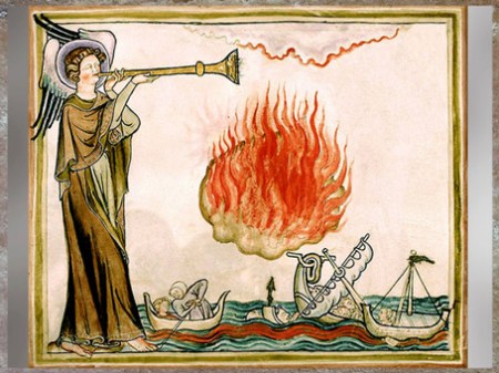 D’après la grande montagne embrasée par le feu, La Seconde trompette, miniature, L'Apocalypse de Namur, 1320-1330, manuscrit enluminé, XIVe siècle, Belgique, art médiéval. (Marsailly/Blogostelle)