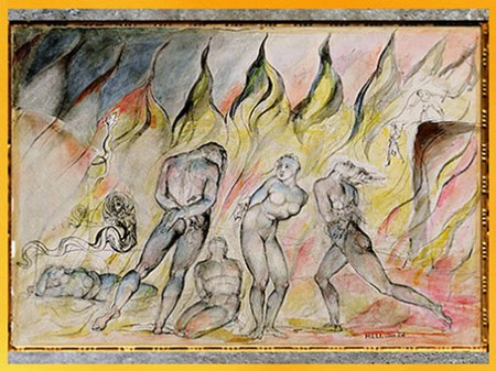 D’après les flammes de l’Enfer, Divine Comédie, William Blake, 1824-1827, encre et aquarelle, début XIXe siècle. (Marsailly/Blogostelle)