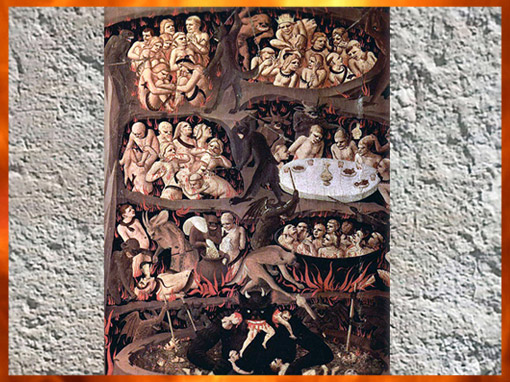 D'après l'Enfer, Le Jugement dernier, Fra Angelico, fresque, 1431-1435, couvent San Marco, Florence ; XVe siècle, Renaissance italienne.  (Marsailly/Blogostelle)