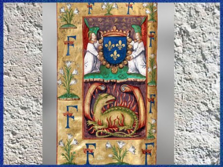 D’après la salamandre dans les flammes, emblème de de François Ier, vers 1515, parchemin, Claude de Seyssel, évêque de Marseille, La Grant Monarchie, France, XVIe siècle.  (Marsailly/Blogostelle)