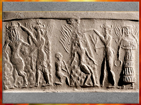 D'après la Victoire de Nergal, Soleil brûlant de l’été, et de Gibil, le Feu, 2350 - 2200 avjc, période d'Agadé, IIIe millénaire avjc, Mésopotamie. (Marsailly/Blogostelle)