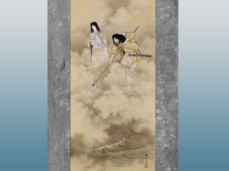 D'après Izanami et Izanagi, parents du dieu du Feu Kagutsuchi, créant les archipels du Japon, par Kobayashi Eitaku, vers  1885, ère Meiji, peinture et encre sur soie, XIXe siècle, Japon ancien. (Marsailly/Blogostelle)