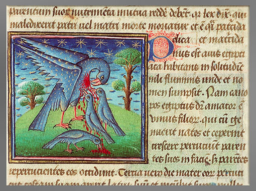 D’après le pélican, symbole du sacrifice du Christ sauveur, bestiaire, vers 1450, France, art médiéval. (Marsailly/Blogostelle) 