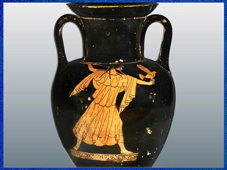 D’après Zeus armé de son foudre, et son emblème, l’aigle, amphore, peinture noire et rehauts rouges, 475-470 avjc,  Athènes, Ve siècle avjc, époque classique, Grèce antique.  (Marsailly/Blogostelle)